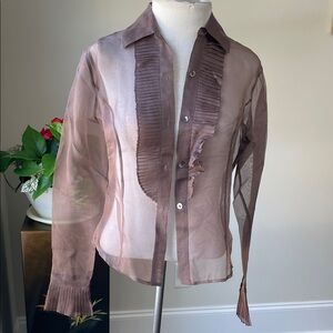 Sheer Pleated-Trim Blouse in Taupe